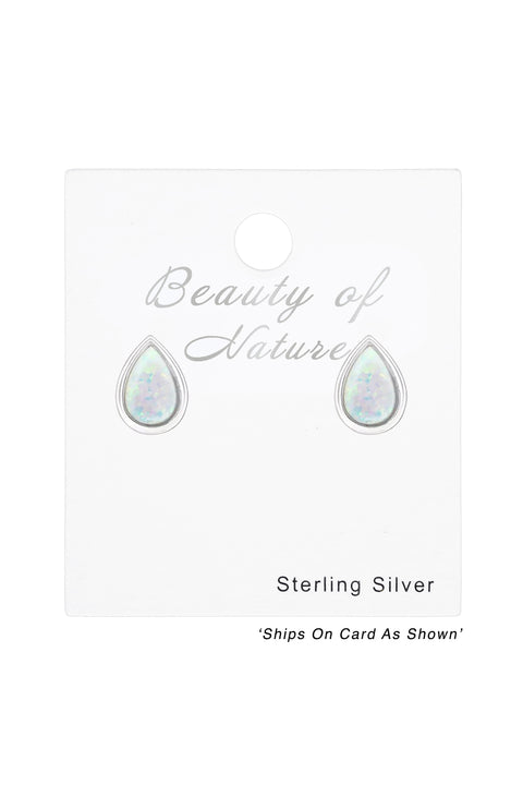 Sterling Silver Pear Ear Studs With Synthetic Opal - SS