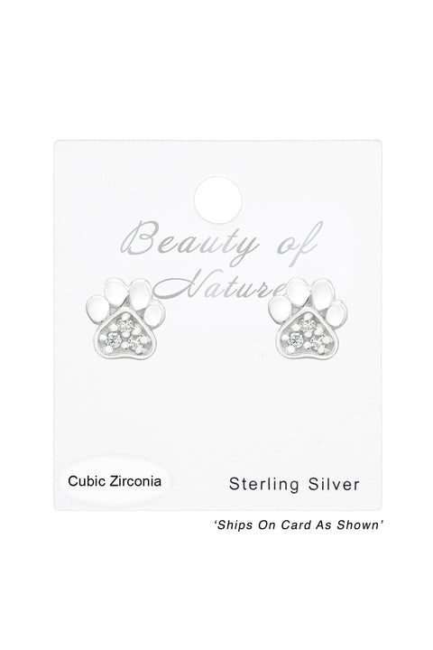 Sterling Silver Paw Print Ear Studs With Cubic Zirconia - SS