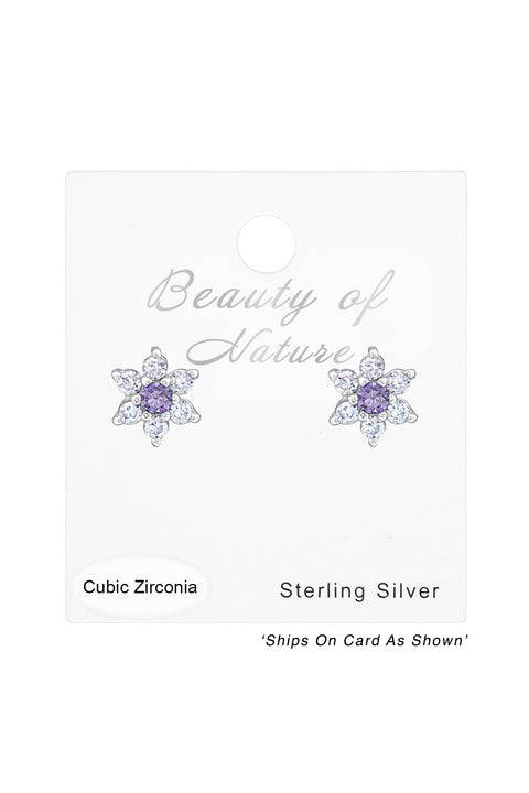 Sterling Silver Flower Ear Studs With Cubic Zirconia - SS
