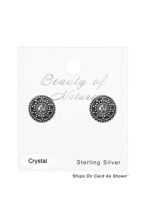 Sterling Silver Antique Round Ear Studs With Crystal - SS