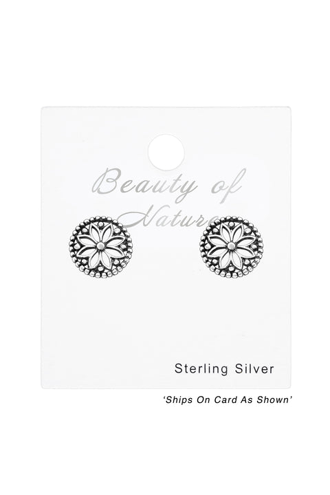 Sterling Silver Oxidized Flower Ear Studs - SS