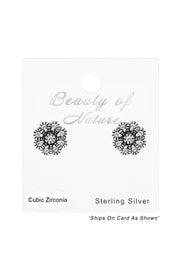 Sterling Silver Flower Ear Studs With Cubic Zirconia - SS
