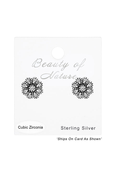 Sterling Silver Flower Ear Studs With Cubic Zirconia - SS