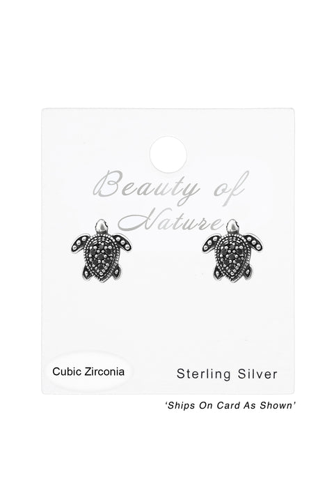 Sterling Silver Turtle Ear Studs With Cubic Zirconia - SS
