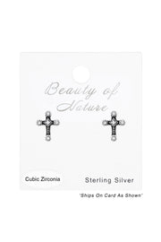 Sterling Silver Cross Ear Studs With Cubic Zirconia - SS