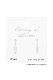 Sterling Silver Ear Studs & Hanging Feather & Crystal - SS