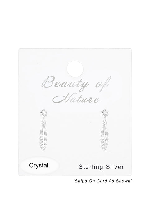 Sterling Silver Ear Studs & Hanging Feather & Crystal - SS