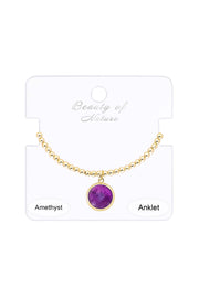 Amethyst Beaded Round Charm Anklet - GF
