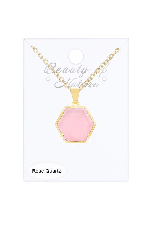 Rose Quartz Hexagon Pendant Necklace - GF