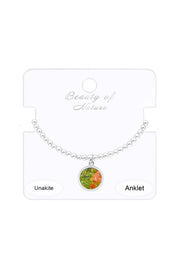 Unakite Beaded Round Charm Anklet - SF