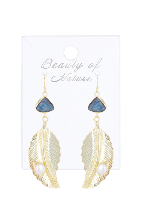 Kyanite & Pearl Feather Drop Earrings In Gold - GF