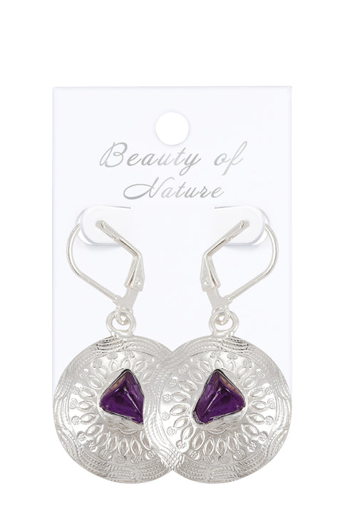 Amethyst Hammered Disc Drop Earrings - SF