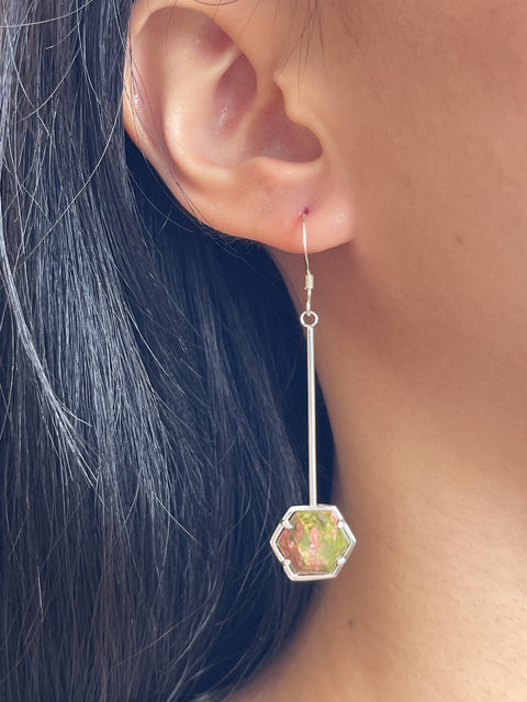 Unakite Hexagon Dangle Earrings - SF