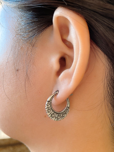 Sterling Silver Floral Filigree Hoop Earrings - SS