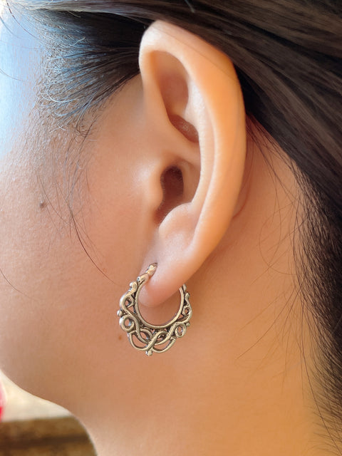 Sterling Silver Floral Pattern Hoop Earrings - SS