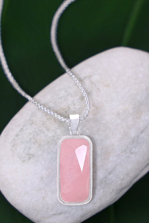 Rose Quartz Rectangle Pendant Necklace - SF