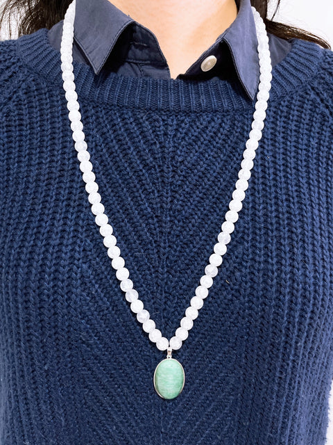 Crystal Quartz Beads Necklace With Amazonite Pendant - SF