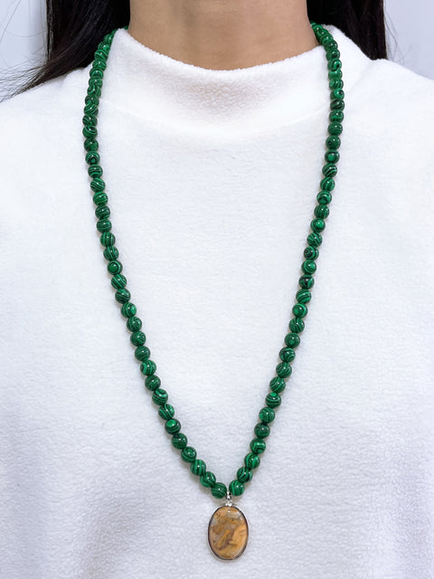 Malachite Beads Necklace With Crazy Lace Agate Pendant - SF