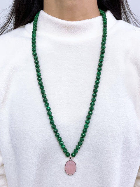 Malachite Beads Necklace With Rose Quartz Pendant - SF