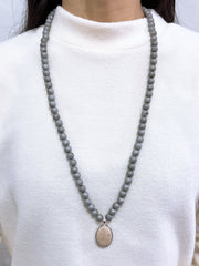 Gray Druzy Quartz Beads Necklace With Lily Fossil - SF