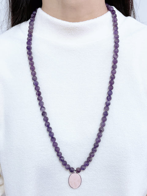 Amethyst Beads Necklace With Rose Quartz Pendant - SF