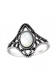 Sterling Silver Filigree Ring & Created Fire Snow Opal - SS