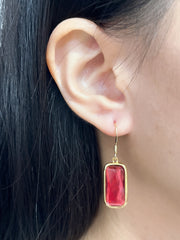 Raspberry Crystal Rectangle Earrings In Gold - GF