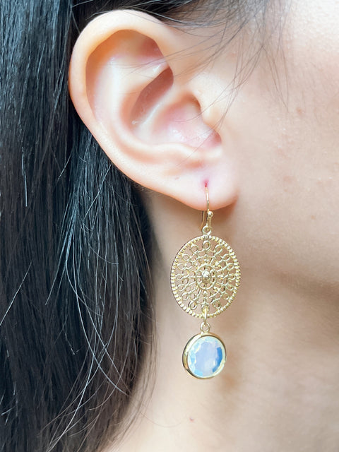 Moonstone Crystal Filigree Drop Earrings In Gold - GF