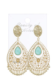 Amazonite Crystal Filigree Statement Earrings In Gold - GF