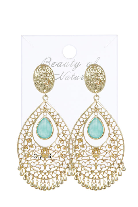 Amazonite Crystal Filigree Statement Earrings In Gold - GF