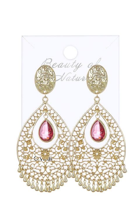 Raspberry Crystal Filigree Statement Earrings In Gold - GF