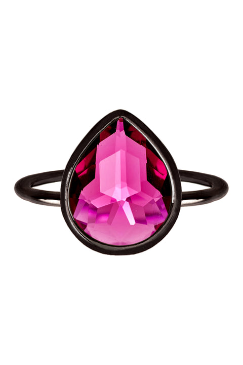 Raspberry Crystal Pear Ring In Gunmetal - SF