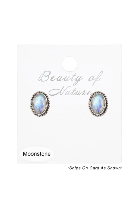 Sterling Silver & Rainbow Moonstone Oval Post Earrings - SS