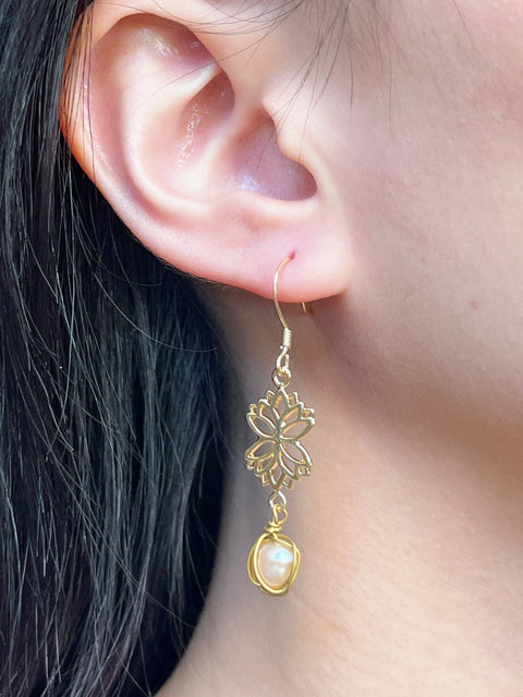 Freshwater Pearl & Lotus Drop Earrings - GF