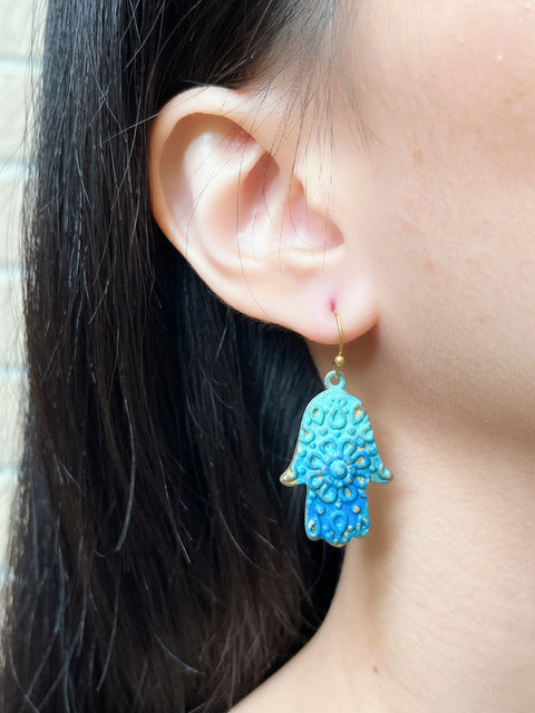 Natural Blue Patina Hamsa Earrings - BR