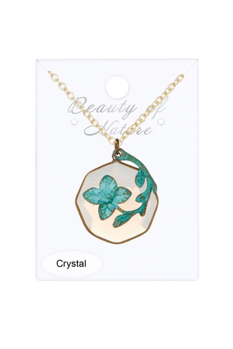 Moonstone Crystal & Patina Over Brass Dogwood Necklace - GF