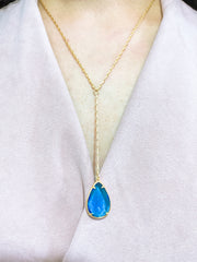 Blue Chalcedony Crystal Pear Cut Cabochon Y Necklace - GF
