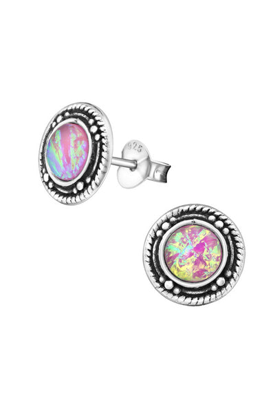 Sterling Silver Round Ear Studs & Synthetic Opal - SS