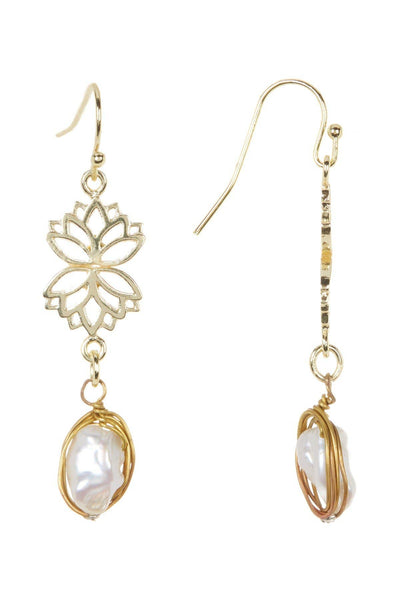 Freshwater Pearl & Lotus Drop Earrings - GF
