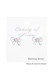Sterling Silver Birthstone Bow Ear Studs With CZ - SS