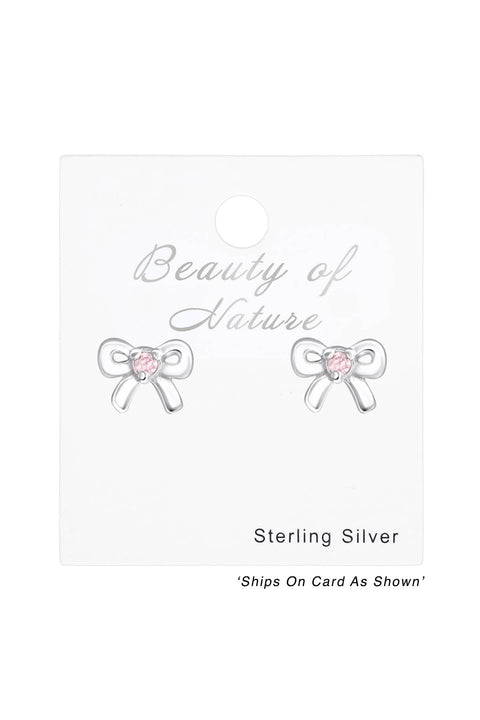 Sterling Silver Birthstone Bow Ear Studs With CZ - SS