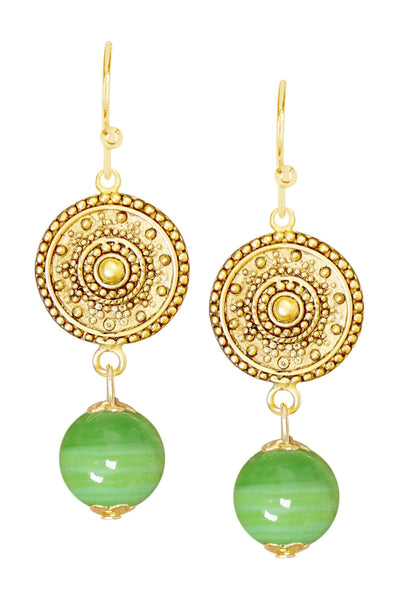 Green Murano Glass & Mandala Disc Drop Earrings - GF