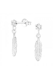 Sterling Silver Ear Studs & Hanging Feather & Crystal - SS