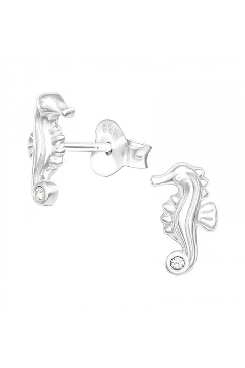 Sterling Silver Seahorse Ear Studs With Crystal - SS