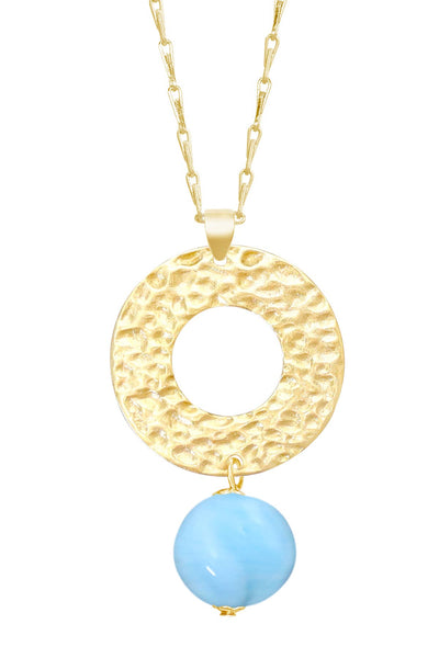 Blue Murano Glass & Hammered Circle Pendant Necklace - GF