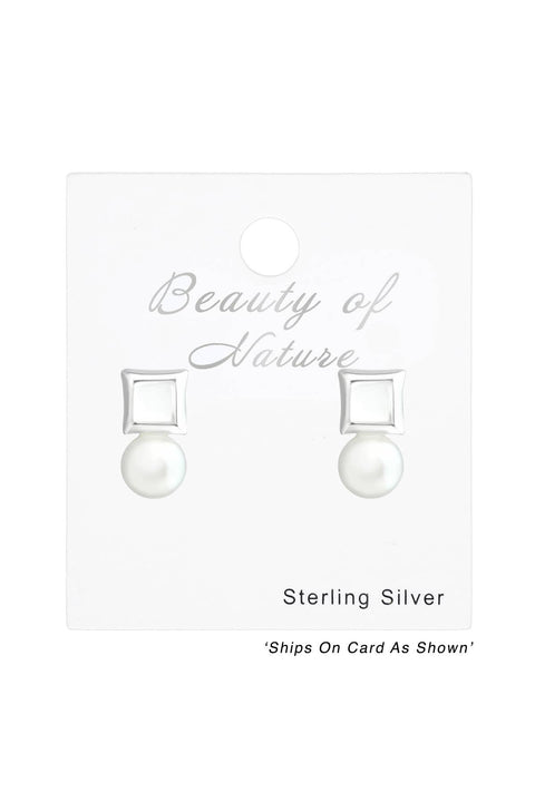 Sterling Silver Geometric Ear Studs & Synthetic Pearl - SS