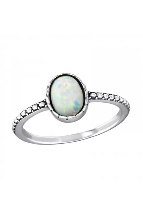 Sterling Silver Oval Ring With Fire Snow Opal - SS