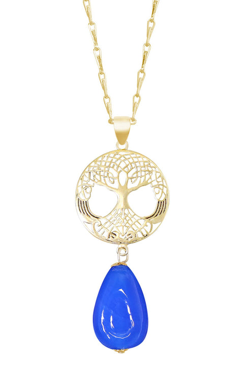 Blue Murano Glass & Tree Of Life Pendant Necklace - GF