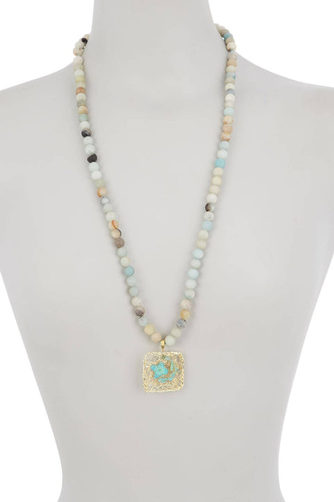 Amazonite Beads & Dogwood Pendant Necklace  - GF