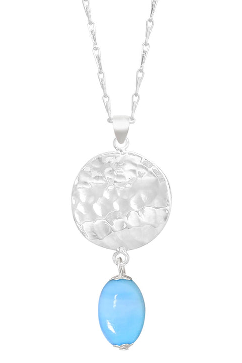 Blue Murano Glass & Hammered Disc Pendant Necklace - SF